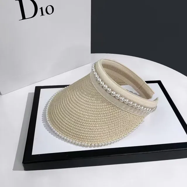 Empty Top Sunshade Pearl Straw Hat Women Lace Stretch Adjustment - Shop at LoveMi