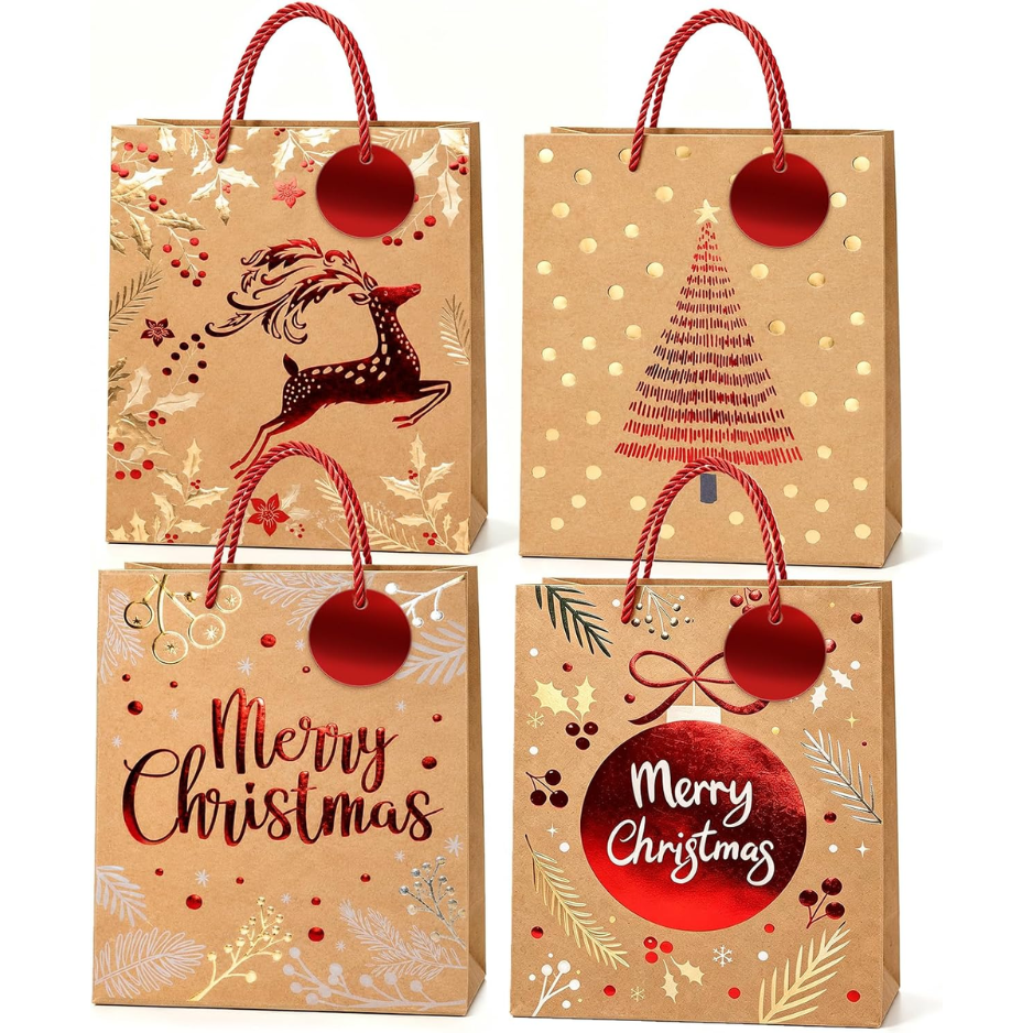 12PCS Christmas Kraft Paper Gift Bags With Handles, Assorted Holiday Gift Wrapping Bags, 4 Patterns