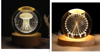 Kleine nachtlamp met kristallen bol, sterrenhemel en planeten – massiefhouten lampvoet, zonnestelsel 6 cm, 2 stuks