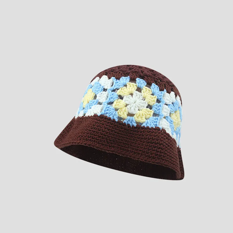 Small Crochet Hollow Bucket Hat Women's Knitted Bucket Big Head Circumference - Coffee