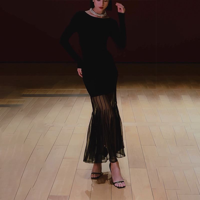 Long-sleeve Hem Paneled Lace Dress