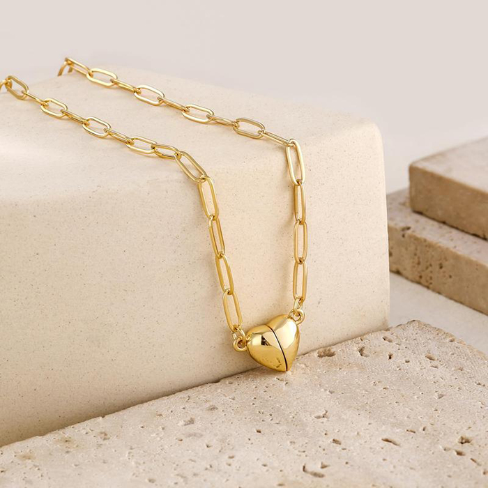 Magnetic Heart Matching Necklace For Couples, 18K Gold Rose Gold Plated Stainless Steel Paperclip Chain, Relationship Friendship Gift