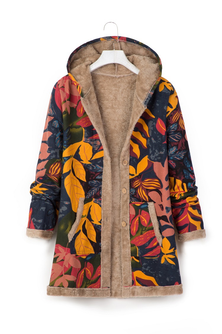 Women's Cotton Linen Print Hooded Sweatshirt Warm Plush Jacket