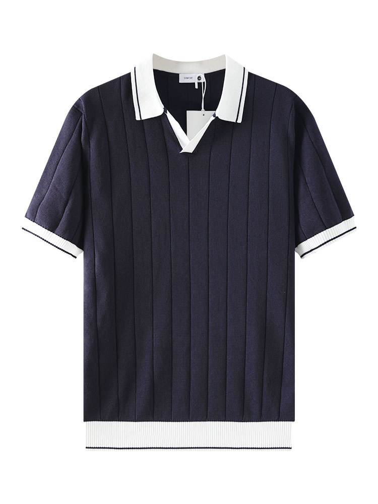 Men's Casual V-Neck Color-block Quick-Dry Paul T-Shirt, Seagull Collar Ice Silk Knit Polo Shirt