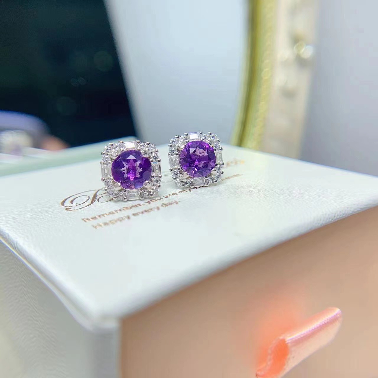 Simple 925 Silver Inlaid Amethyst Stud Earrings