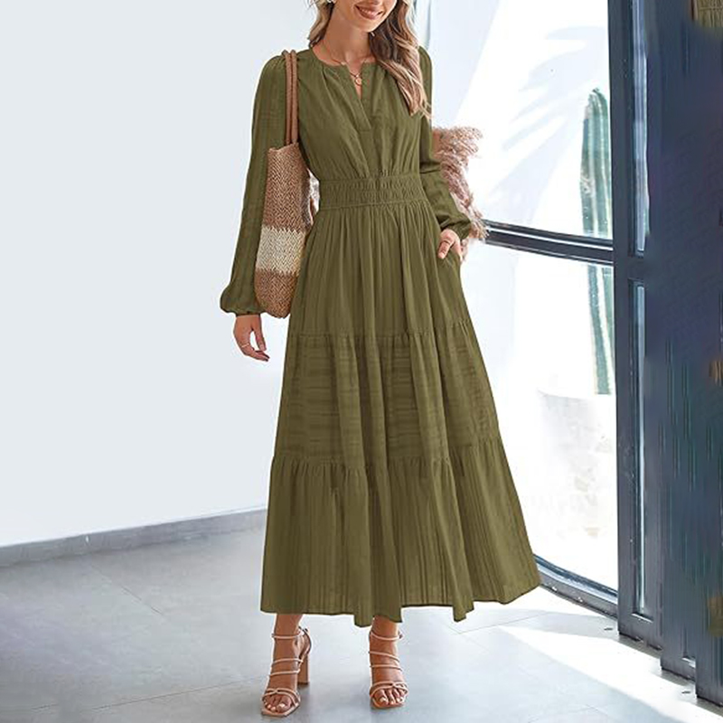 Women's Solid Color V Neck Smocked Waist Maxi Dress, Bohemian A Line Long Sleeve For Vacation And Daily Wear Army Green - Shop at LoveMi