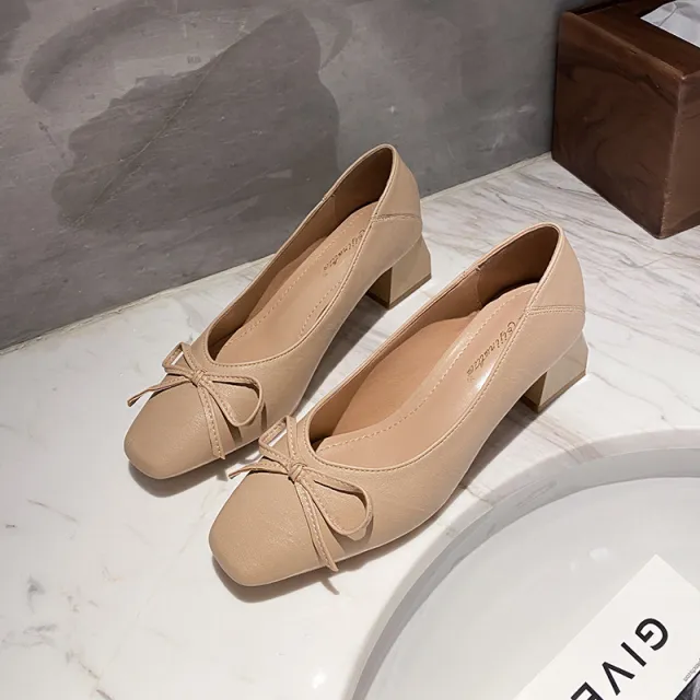 Women's Thick Heel Pumps Soft Leather Shoes Khaki - Shop at LoveMi