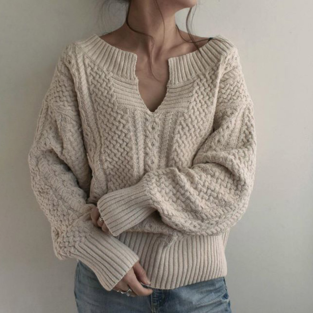 New Korean Fashion V-neck Loose Sweater Long Sleeve Pullover Sweater
