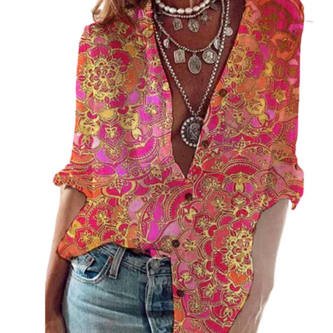 Summer And Autumn European And American Cross-border New Floral Long-sleeved Shirt
