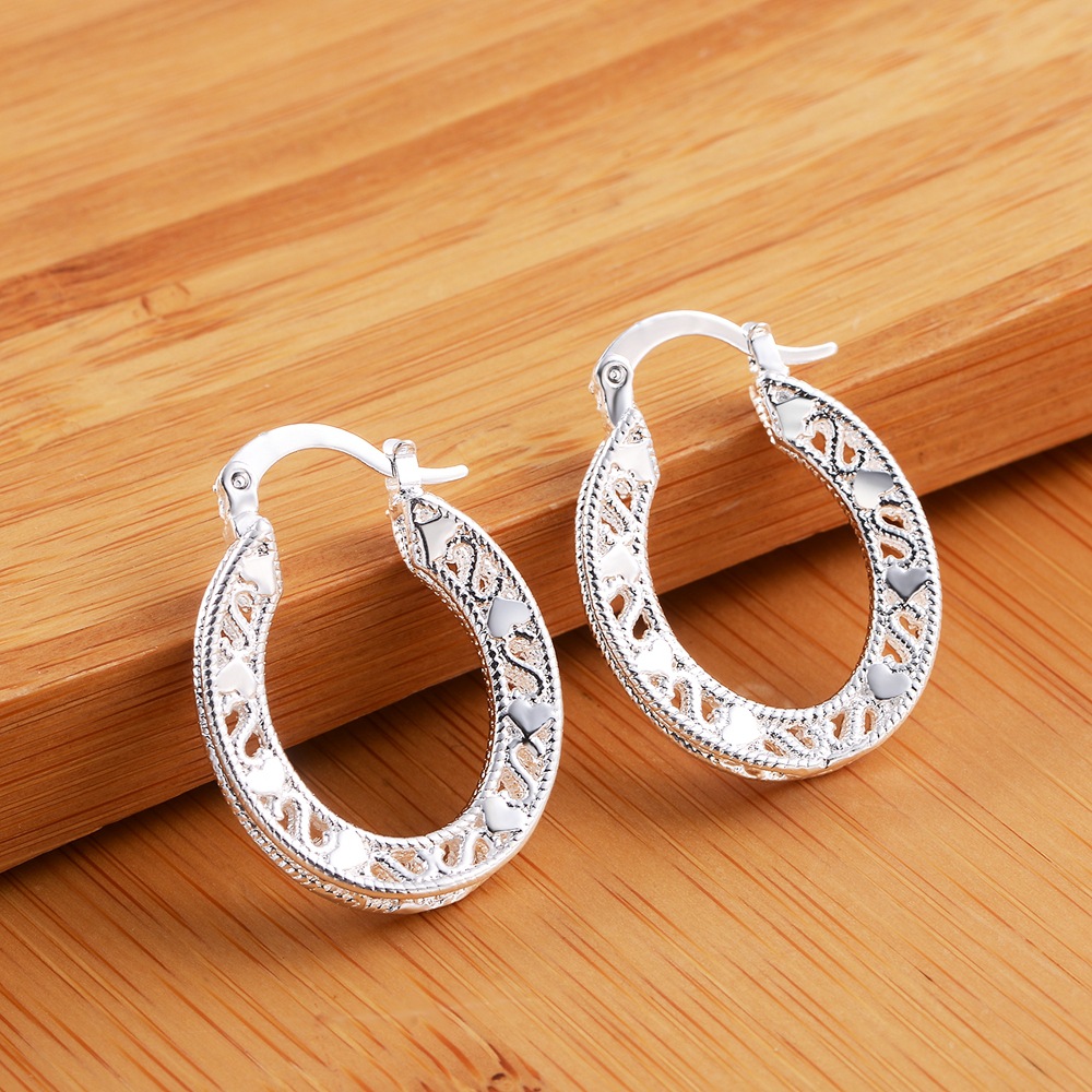Sterling Silver Hoop Earring Korean Vintage Hollow Heart Party Earrings For Women Wedding Party Jewelry Gift 