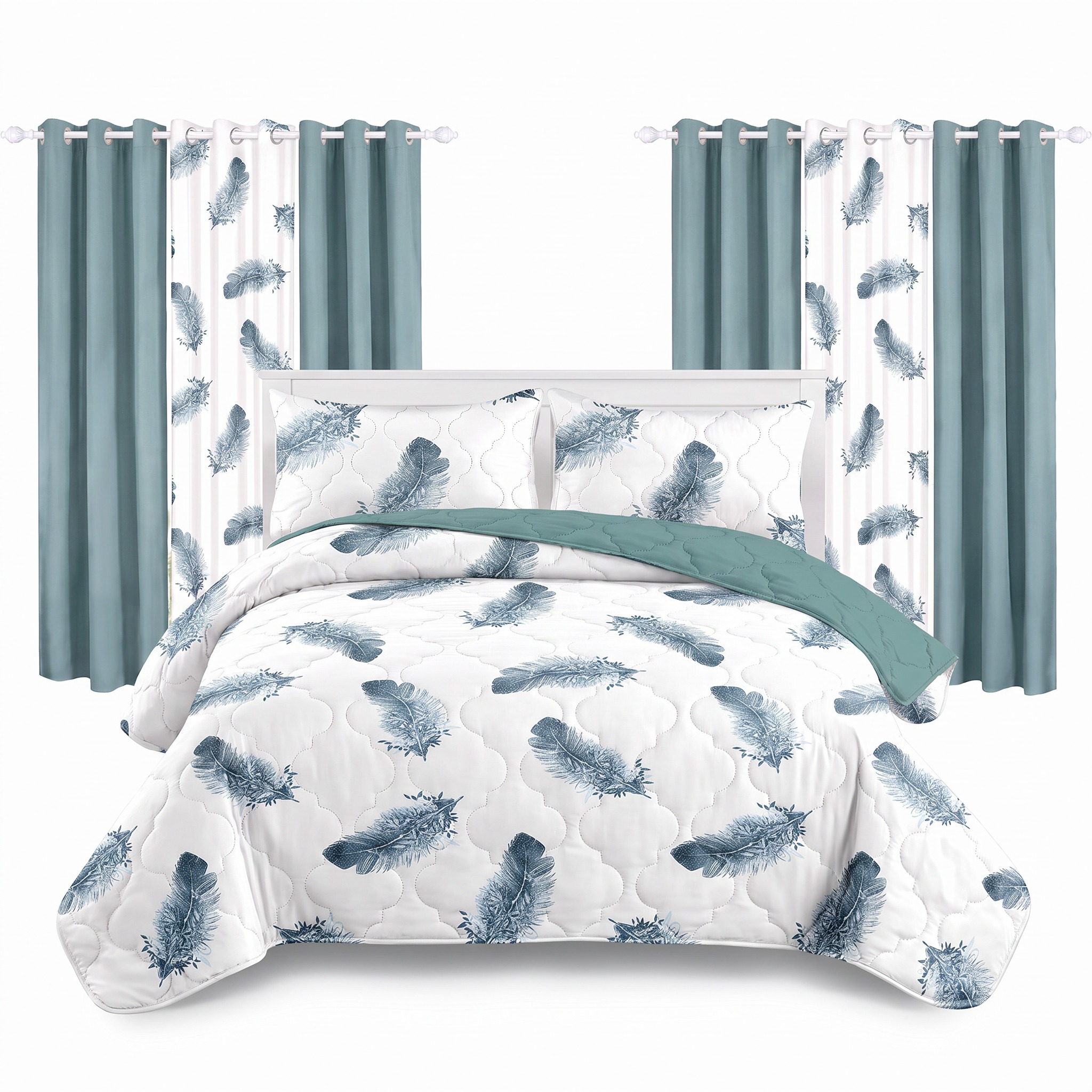 9-Piece Blue Feather Bedspread And Curtain Set, Reversible Microfiber Bedding Set For Queen And King