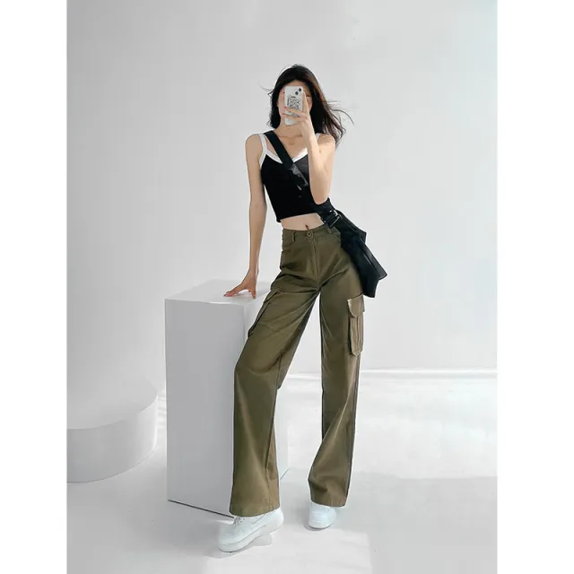 Women's High Waisted Wide Leg Casual Multi Pocket Loose Vintage Pants Army Green - Shop at LoveMi
