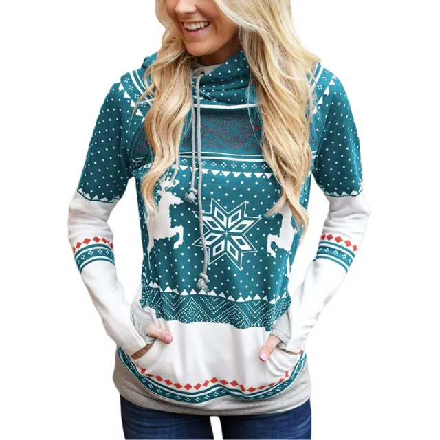 Long Sleeve Hooded Casual Sweater Women With Printed Pockets Green - Shop at LoveMi
