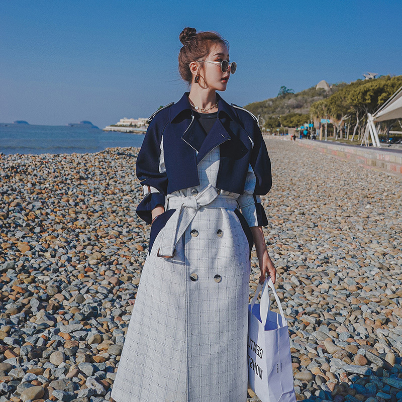 Women's Windbreaker Korean Style Hit Color Double-breasted Plaid Fashion Mid-length Coat