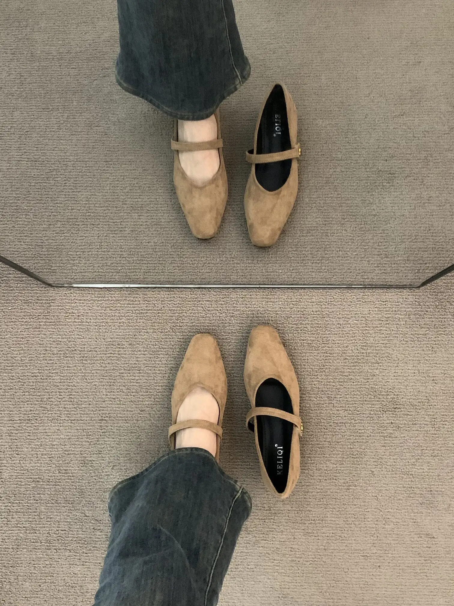 Women Vintage Matte Suede Single Tiny Gold Metal Buckle Flats Matching Casual Daily Doll