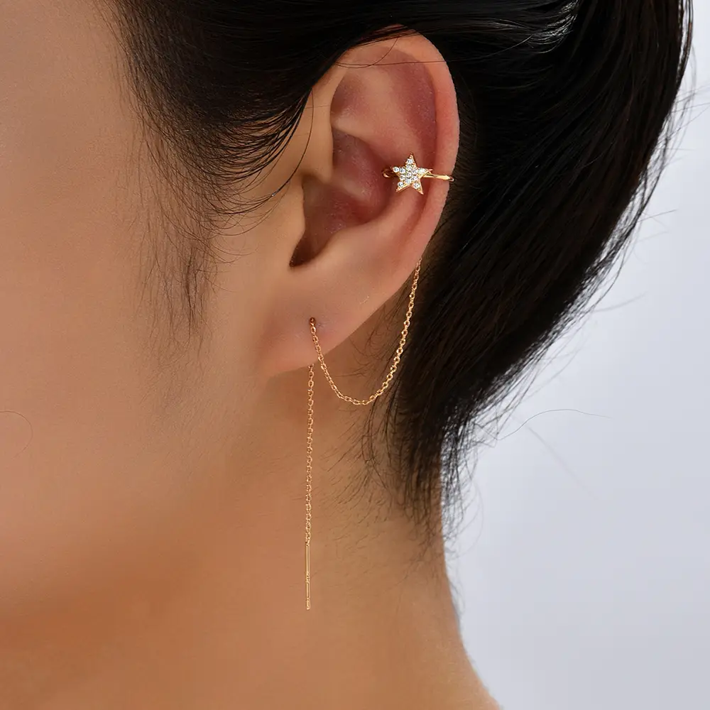 New Korean Super Fairy Ear Thread Female Fashion Personality Ear Studs Earbone Clip Chain Simple Temperament Five Pointed Star Earring Jewelry