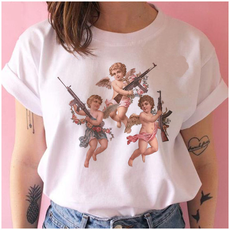 Title 5, Cute Cartoon Angel Baby Print Ladies Short Sleeve