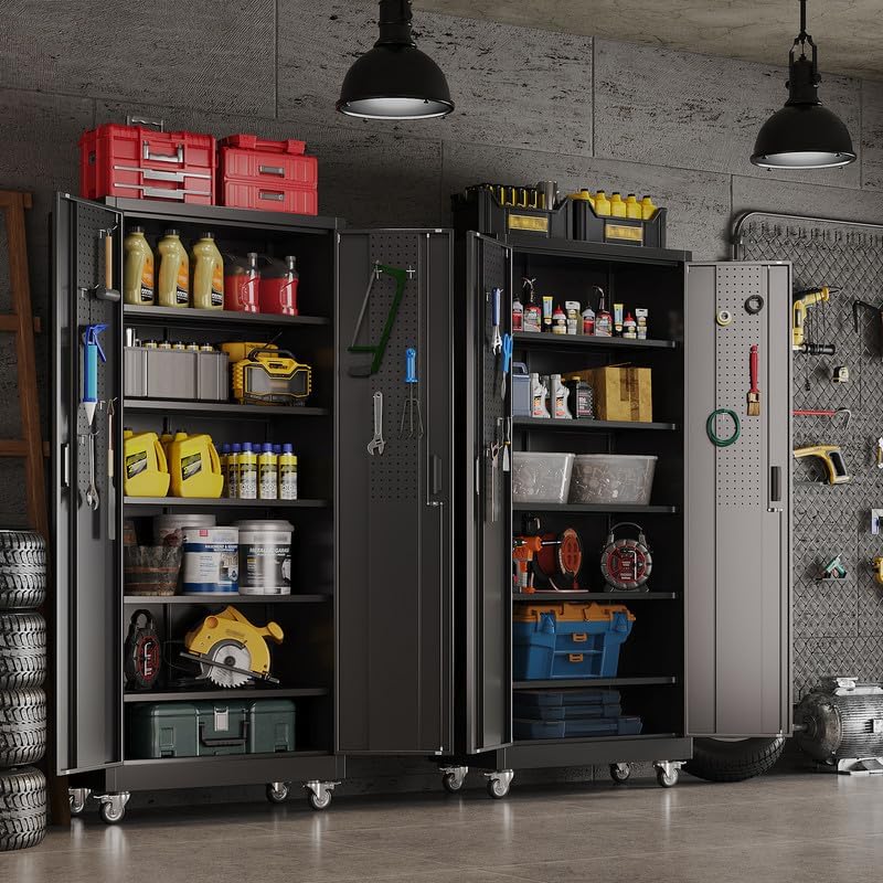 Aobabo Metal Storage Cabinet With Wheels And Door Pegboard Garage And Business Storage For Tools And Office Supplies 5 Adjustable Shelves, Lockable Black Cabinet — foto 6