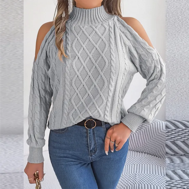 Women's Solid Color Off Shoulder Cable Knit Sweater, High Neck Long Sleeve Pullover For Spring And Fall Gray - Shop at LoveMi