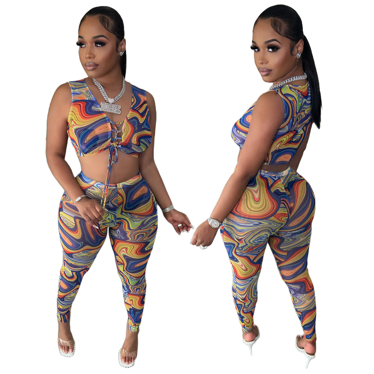 Women's Nightclub Wear Printed Gauze See-through Two-piece Suit