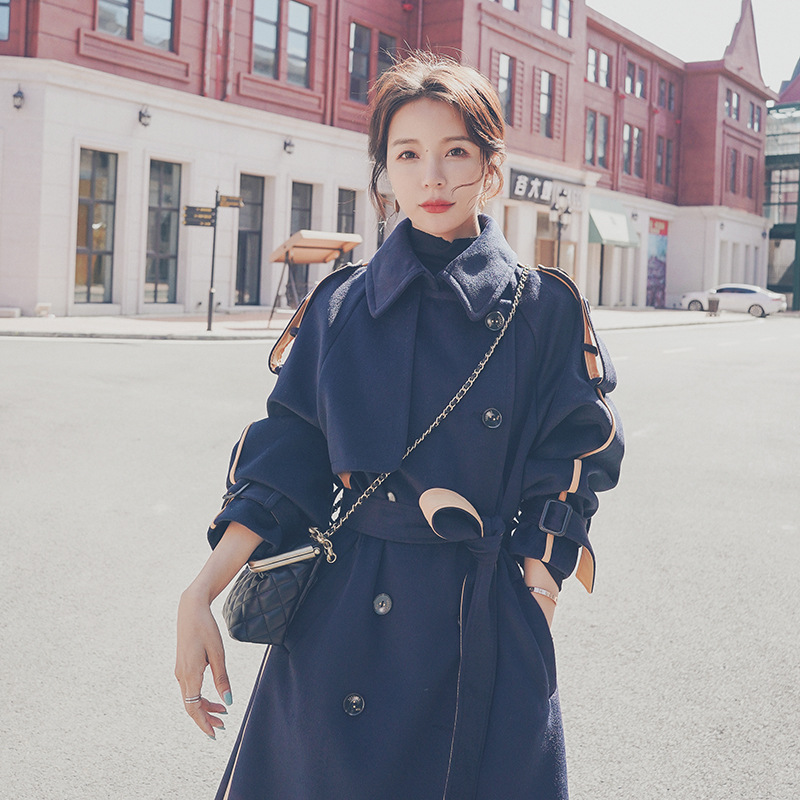 Women's Mid-length Over The Knee Hit Color Stitching All-match Woolen Coat