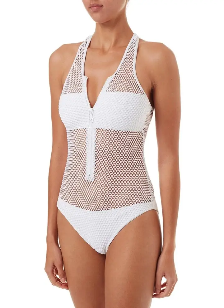 Mesh Cutout Zipper Triangle One Piece Swimsuit