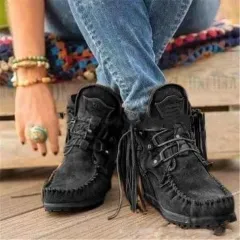 Fashion Simple Ladies Fringed Short Boots - Black - View 1