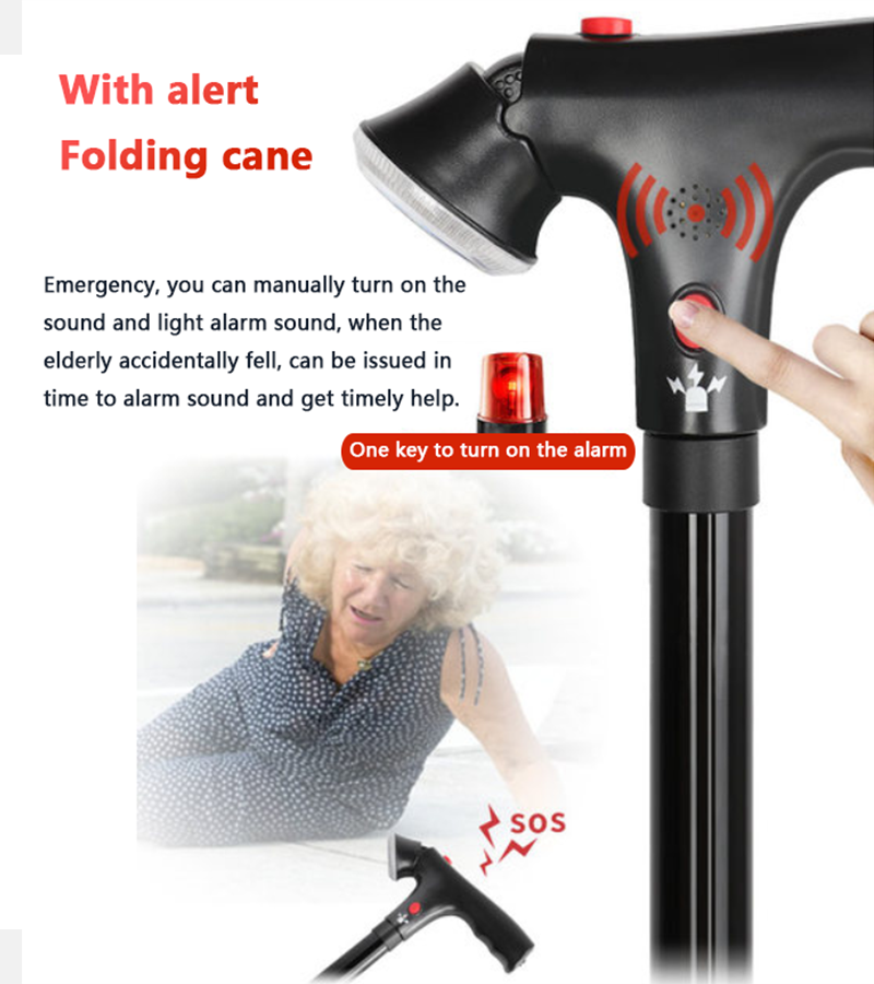 LED Alarm Walking Cane Stick For Men And Women With Adjustable Heights Folding 5 Level