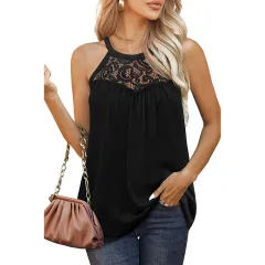 Womens Tank Tops Loose Fit Summer Lace Halter Tops Sleeveless Shirts - Black - View 1