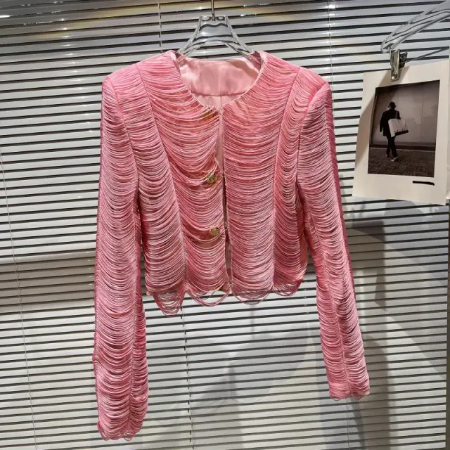 New Classic Style Tassel Line Padded Shoulder Suit Short Coat Skirt Suit Pink Top - Shop at LoveMi