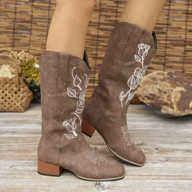 Flower Embroider Mid Calf Cowboy Boots Women Autumn Winter Chunky Heels Western Boots Square Toe Denim Long Boots Fashion Shoes Coffee - Shop at LoveMi
