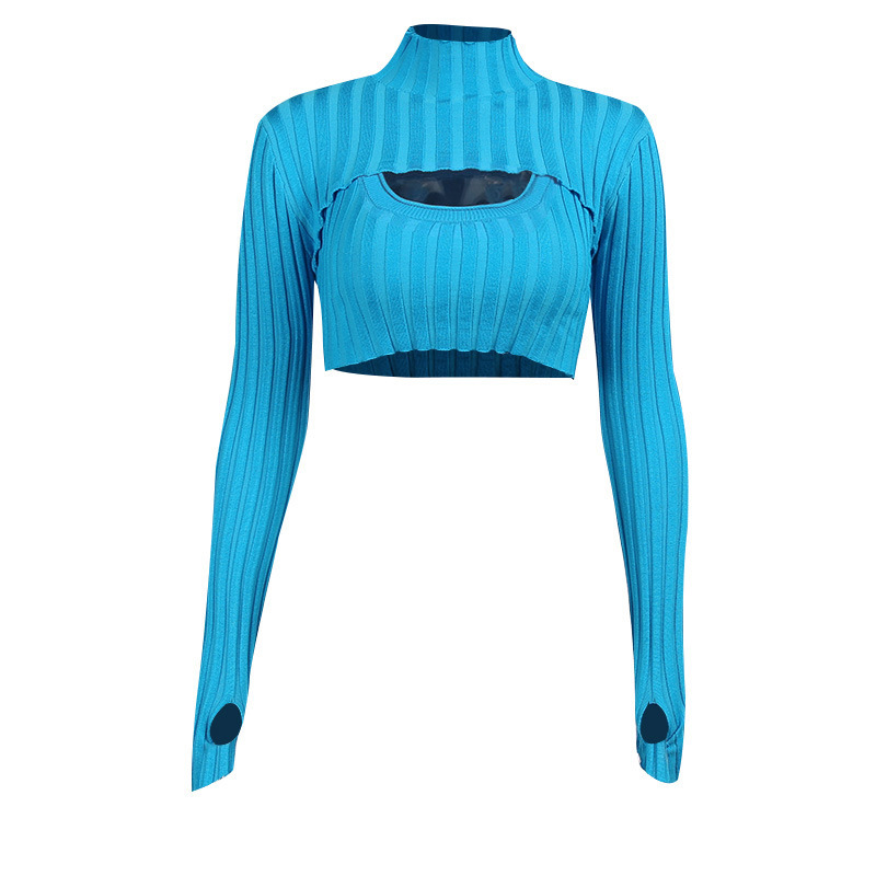 Hollow Vest High Neck Long Sleeve Woolen Two-piece Suit