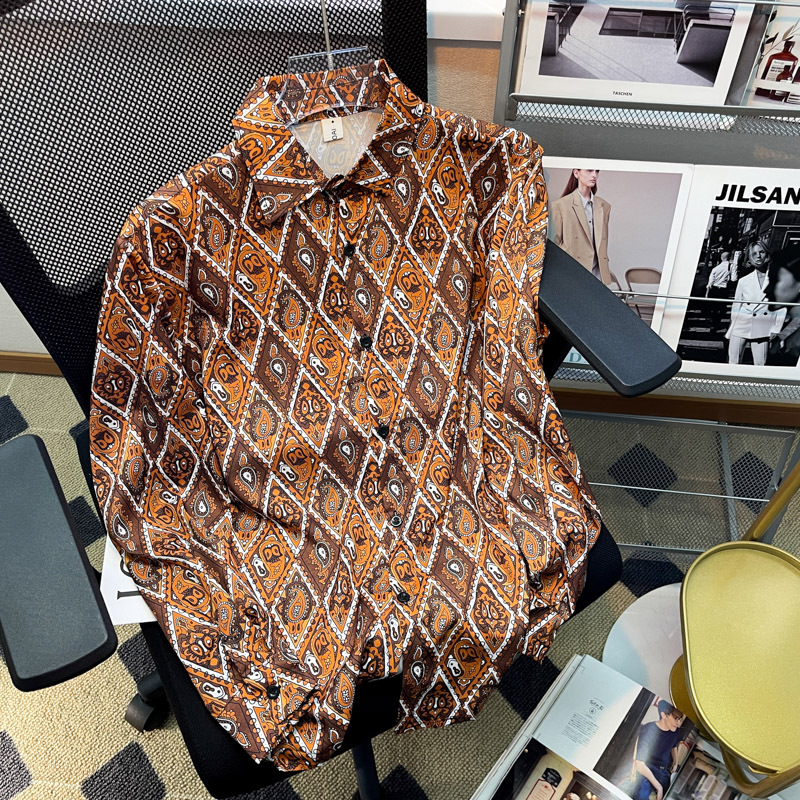 Korean Retro Hong Kong Style Diamond Long Sleeve Loose Flower Shirt