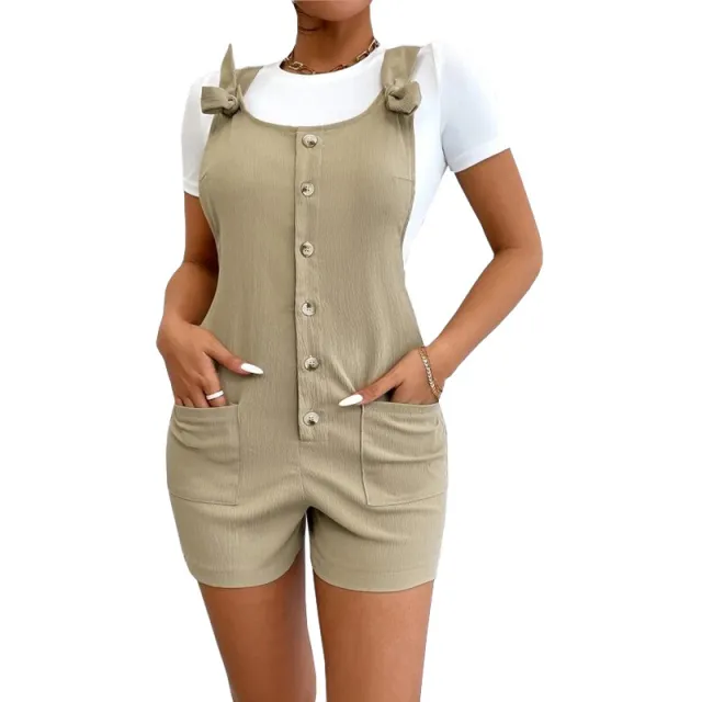 Women's Solid Color Strap Button Pocket Jumpsuit Khaki - Shop at LoveMi