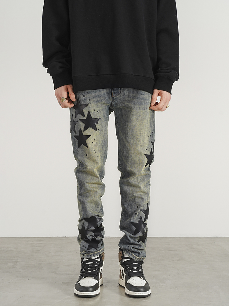 High Street Style Heavy Industry Star Leather  Slim Jeans