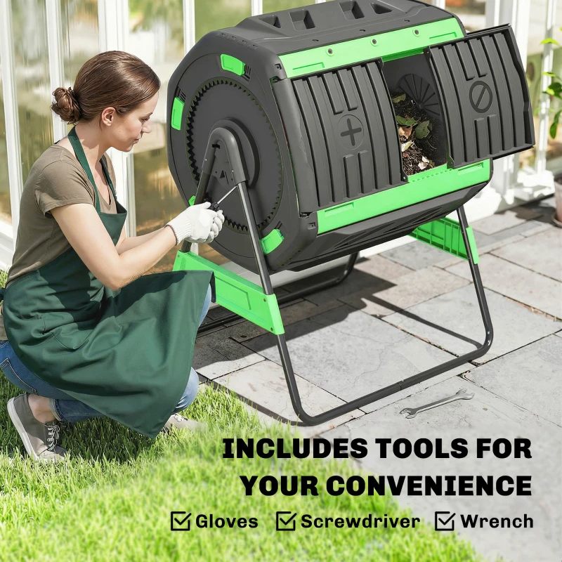 Compost Bin Outdoor, 53 Gal Dual Chamber Tumbling Composter With Adjustable Vents, BPA Free Tumbling Composter, Green