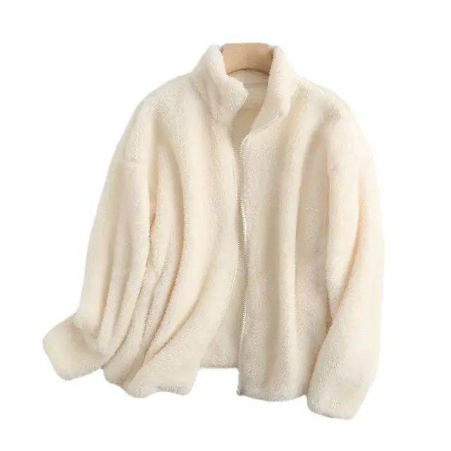 Women's Plush Fleece Zip Up Jacket Long Sleeve Milky - Shop at LoveMi