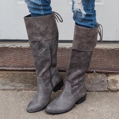 Autumn And Winter Low-heeled Hollow Burnt Half Zipper Knight Boots