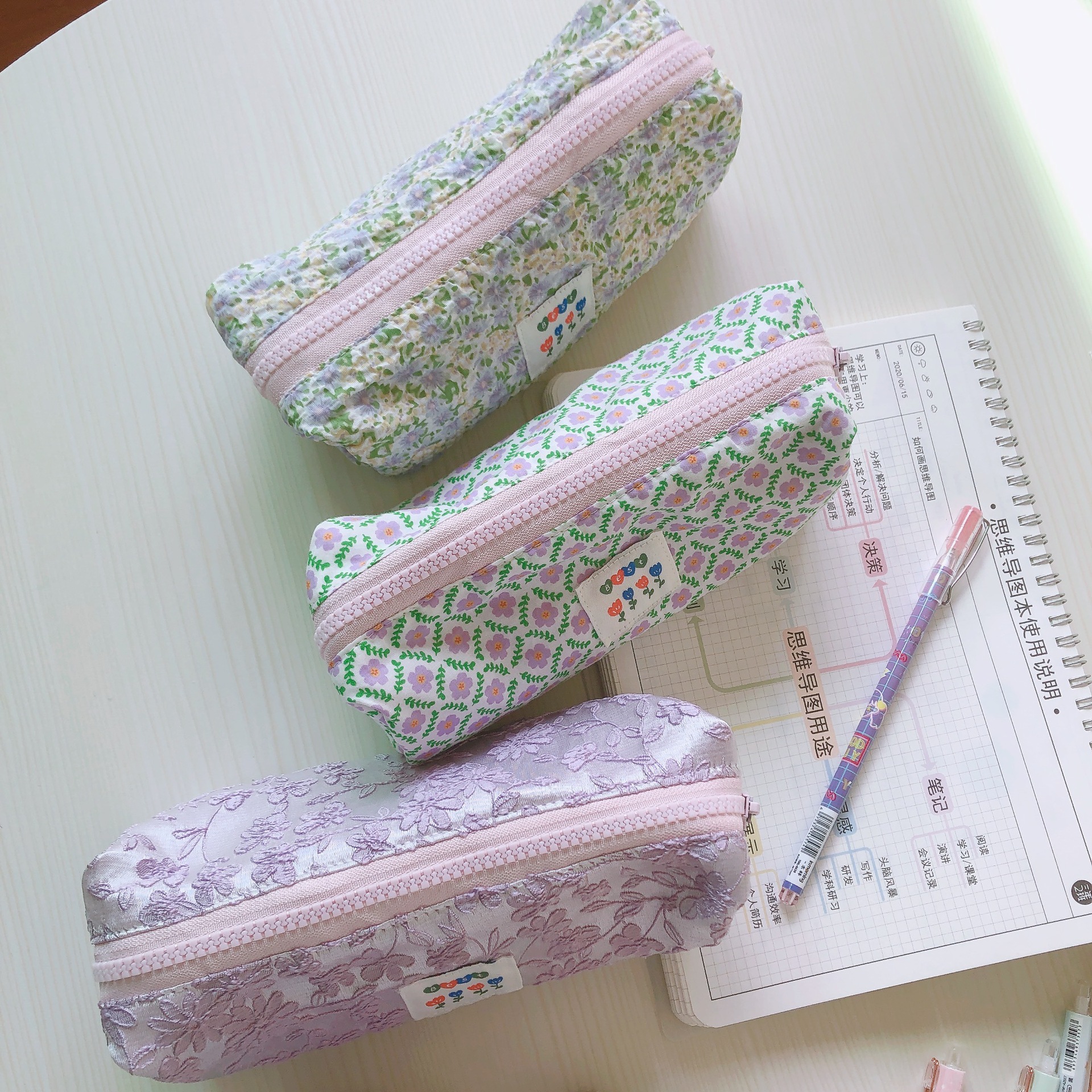 Cream Light Purple Salt Floral Pen Bag