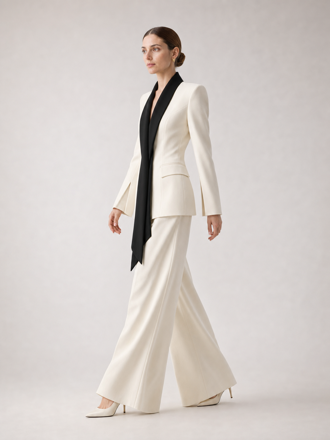 Cream 2 Piece Suit Black Scarf Lapel Blazer & Wide Leg Pants