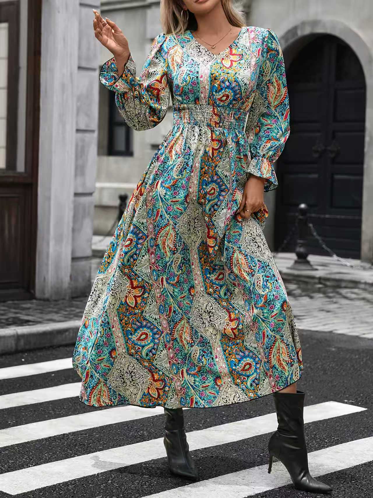 Women's V Neck Retro Geometric Print Flounce Sleeve Dress A Line Maxi Dress With Smocked Waist For Spring&Summer Flower Color Xl - Shop at LoveMi