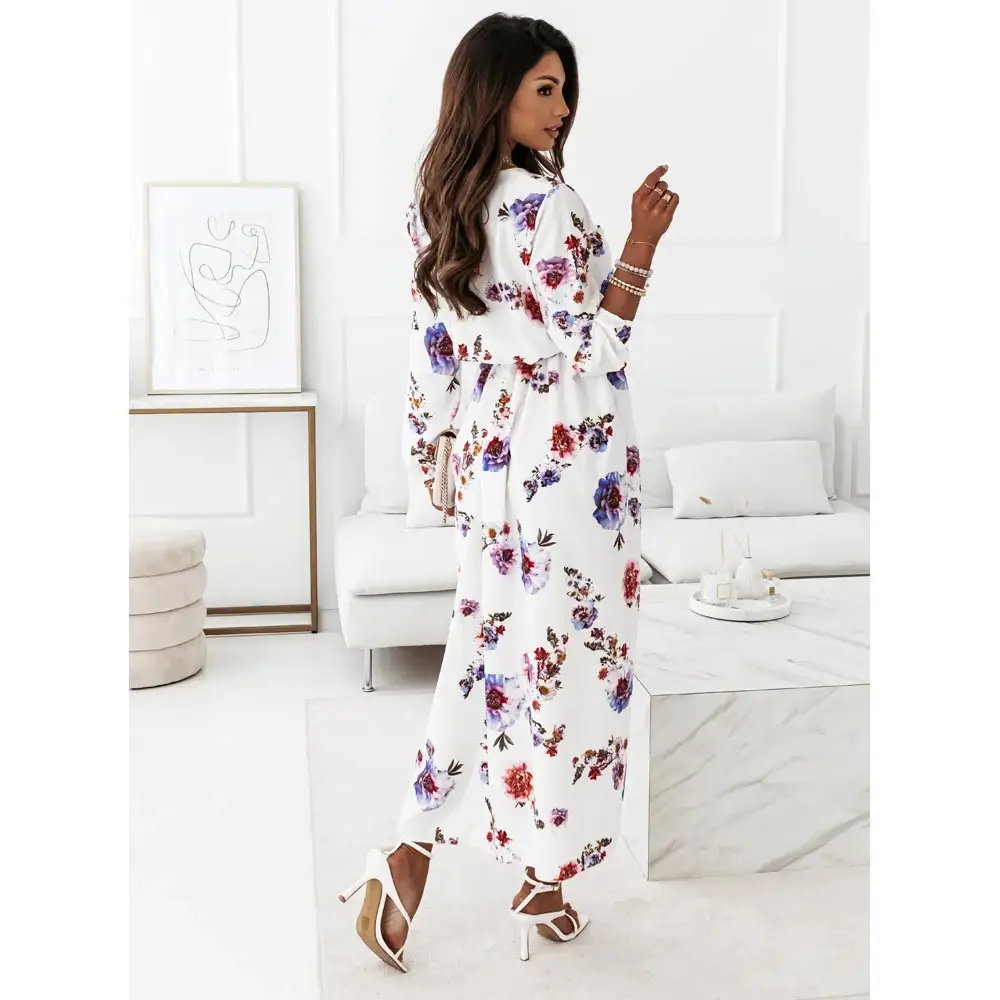 Spliced Long-sleeved Printed Belt Slit Dress