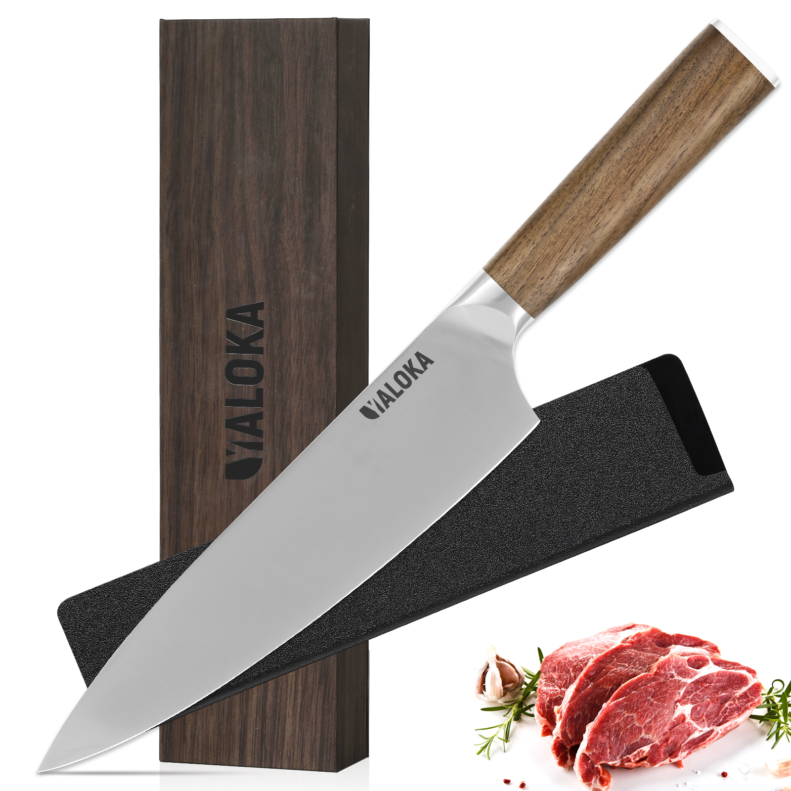 Japanese Chef Knife - 8-Inch Gyuto, Ultra Sharp. PROFESSIONAL CHEF KNIFE - The YALOKA chef knife's simple beauty and practical functionality make it a must-have for every kitchen. Its full handle design, without rivets, balances the vegetable knife for ma