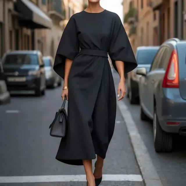 Plus Size Women's Elegant Solid Color Round Neck Mid Sleeve Maxi Dress Waist Defining Pleated Design For Office, Party, Wedding Guest Black - Shop at LoveMi