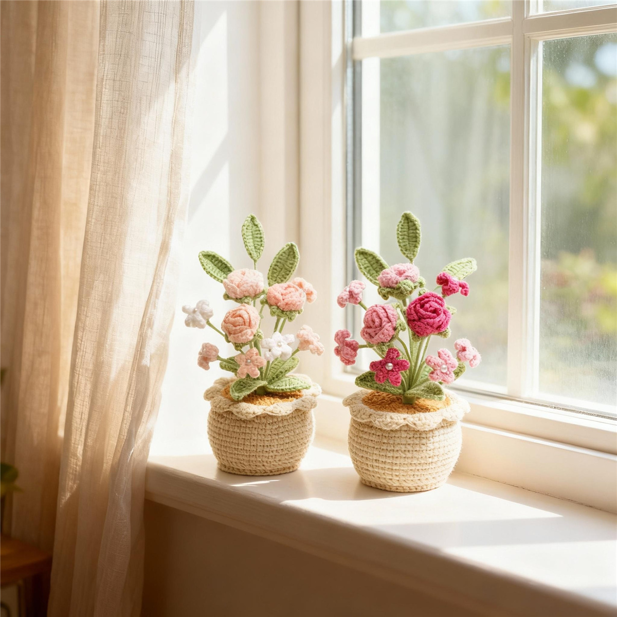 Handmade Crochet Mixed Rose Flower Potted Ornament Soft Yarn Everlasting Crochet Blossom Indoor Home Tabletop Decoration