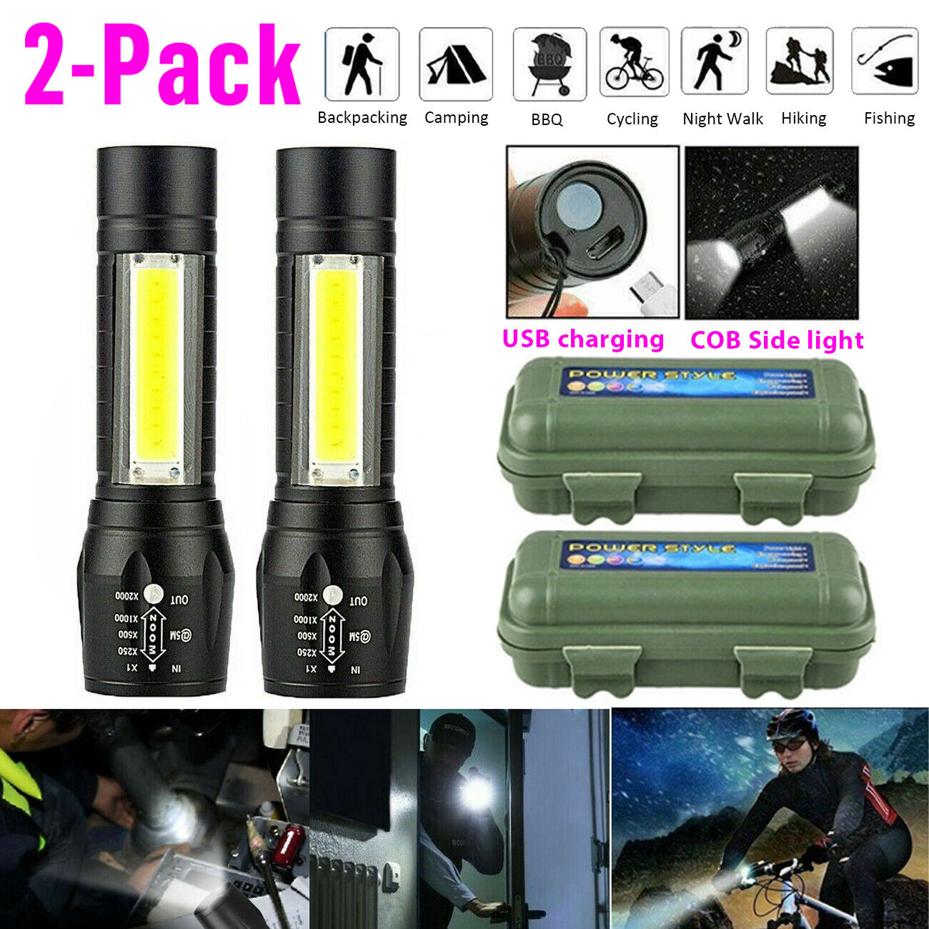 2pcs Super Bright 1500000LM Zoom Flashlight Mini LED Lamp Rechargeable Torch Box