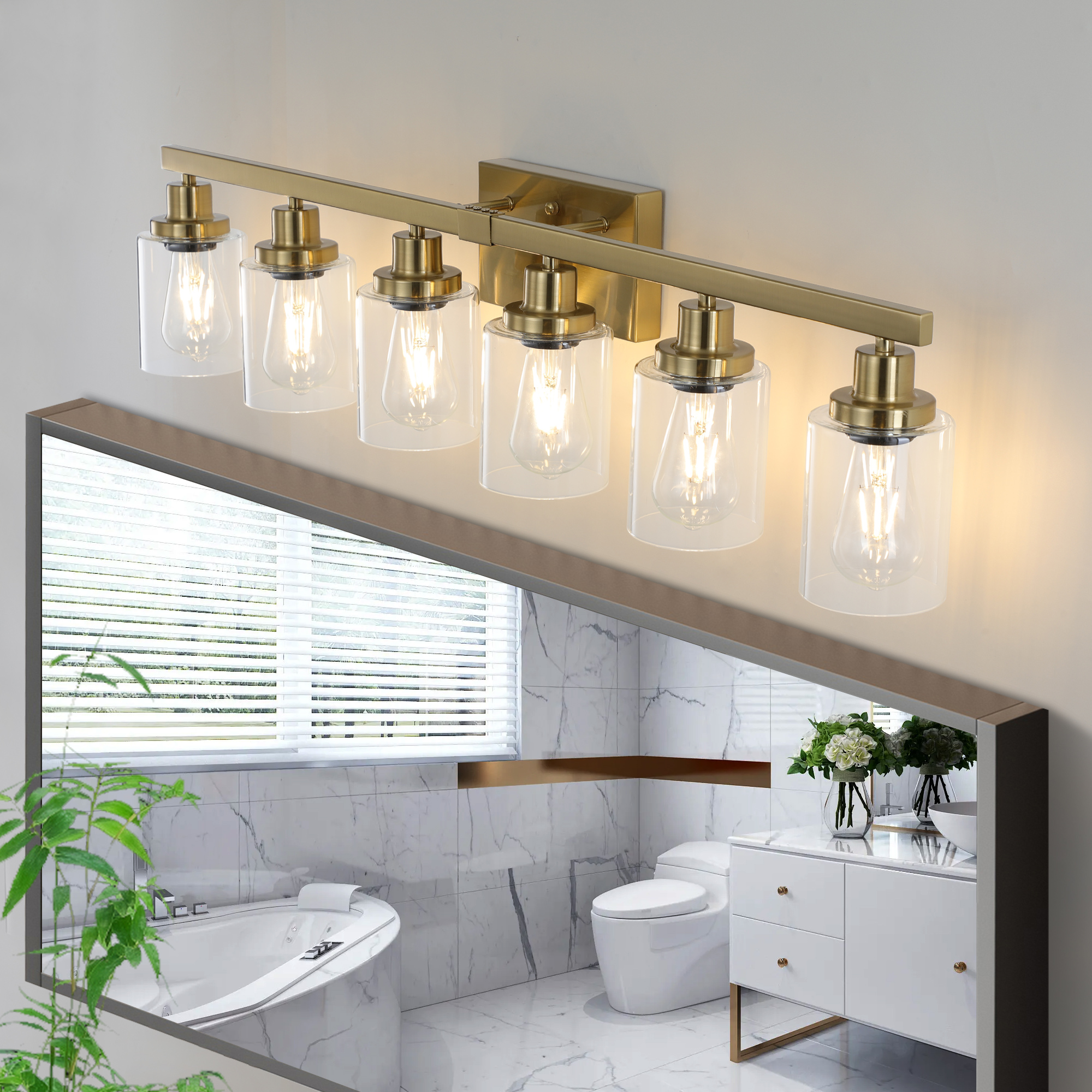 37 Golden 6-Light Vanity Light With Clear Glass Shades, Modern Iron Metal Bathroom Wall Fixture For Mirror, Ideal For Bathroom And Dressing Table -No Bulbs