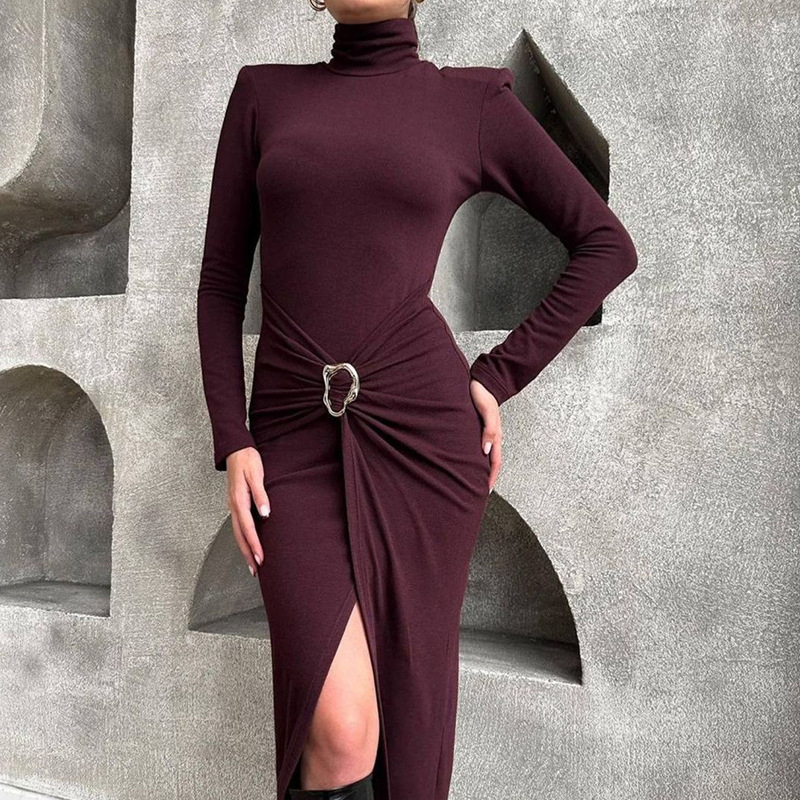 Women's Waist Twist Bodycon Midi Dress, Long Sleeve High Neck Cocktail Dress For Party Wedding Guest Wine - Shop at LoveMi