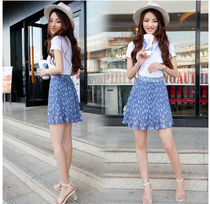 Pleated Skirt Short Skirt Floral Flavor A line Skirt Chiffon Skirt Blue - Shop at LoveMi
