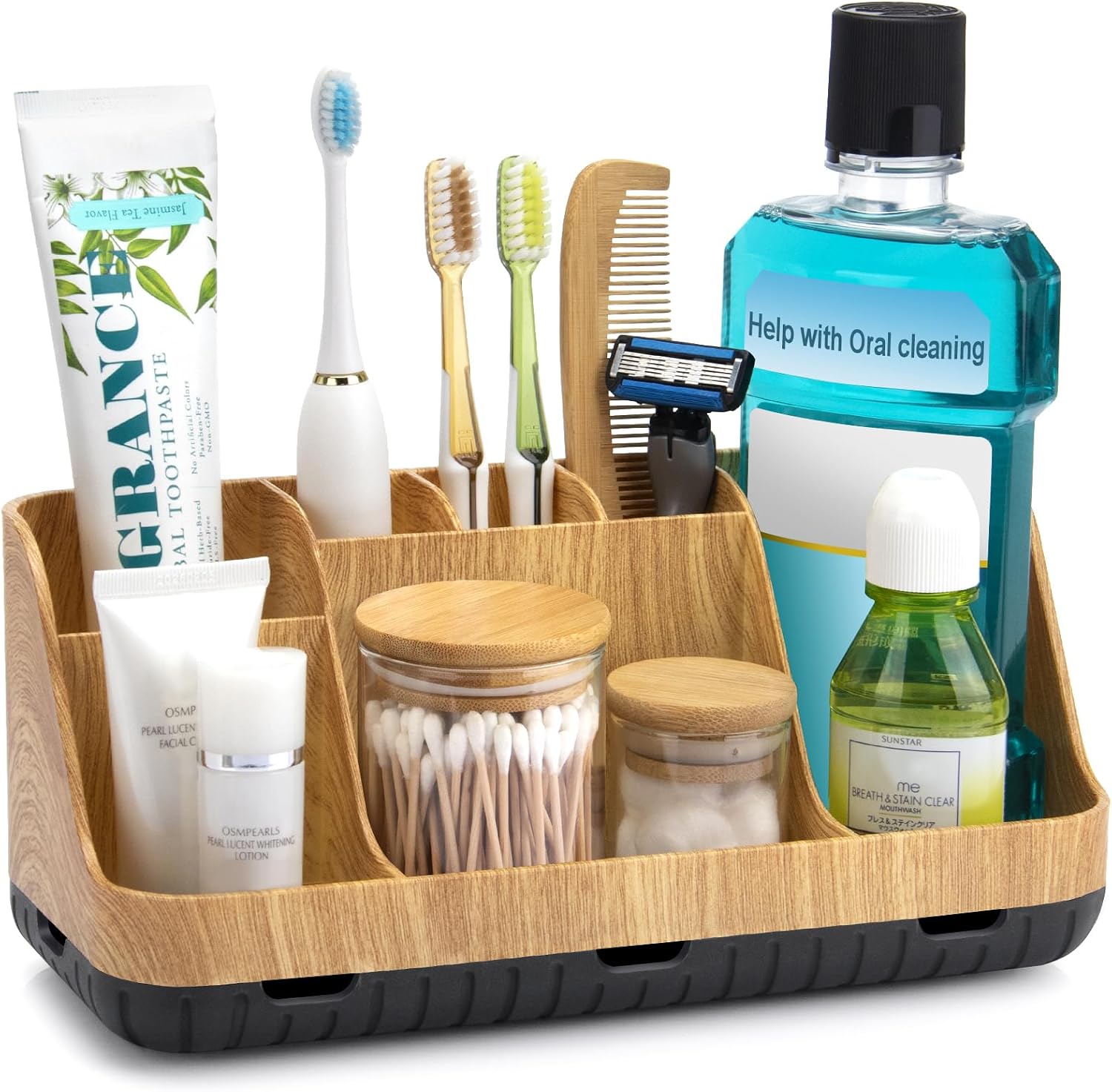Bathroom Countertop Organizer 7 Slots, Detachable Toothbrush And Toothpaste Holder With Drainage, Wood Design For Kids And Family